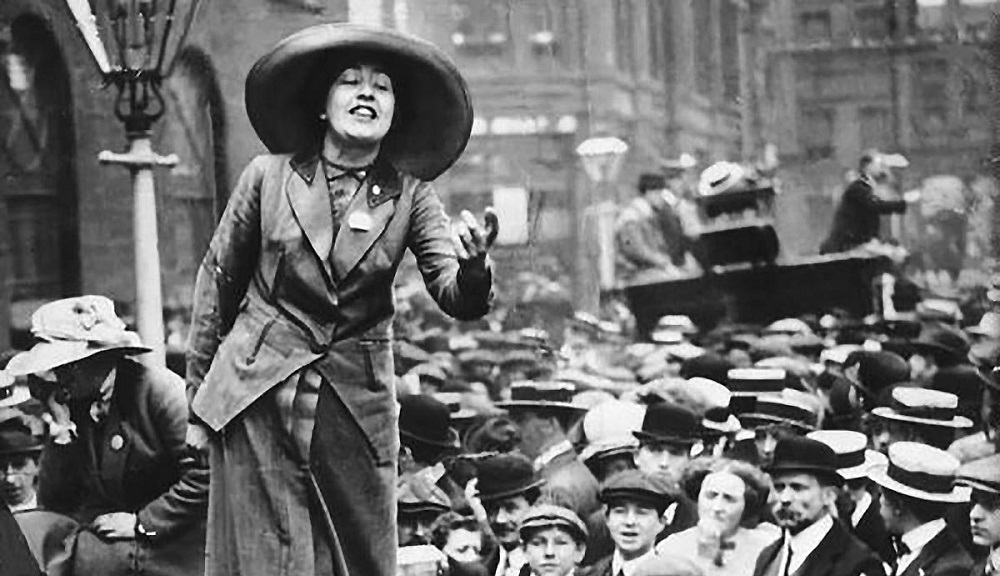  Iconic suffragette Sylvia Pankhurst (b. 1882) addresses a crowd in the UK.  